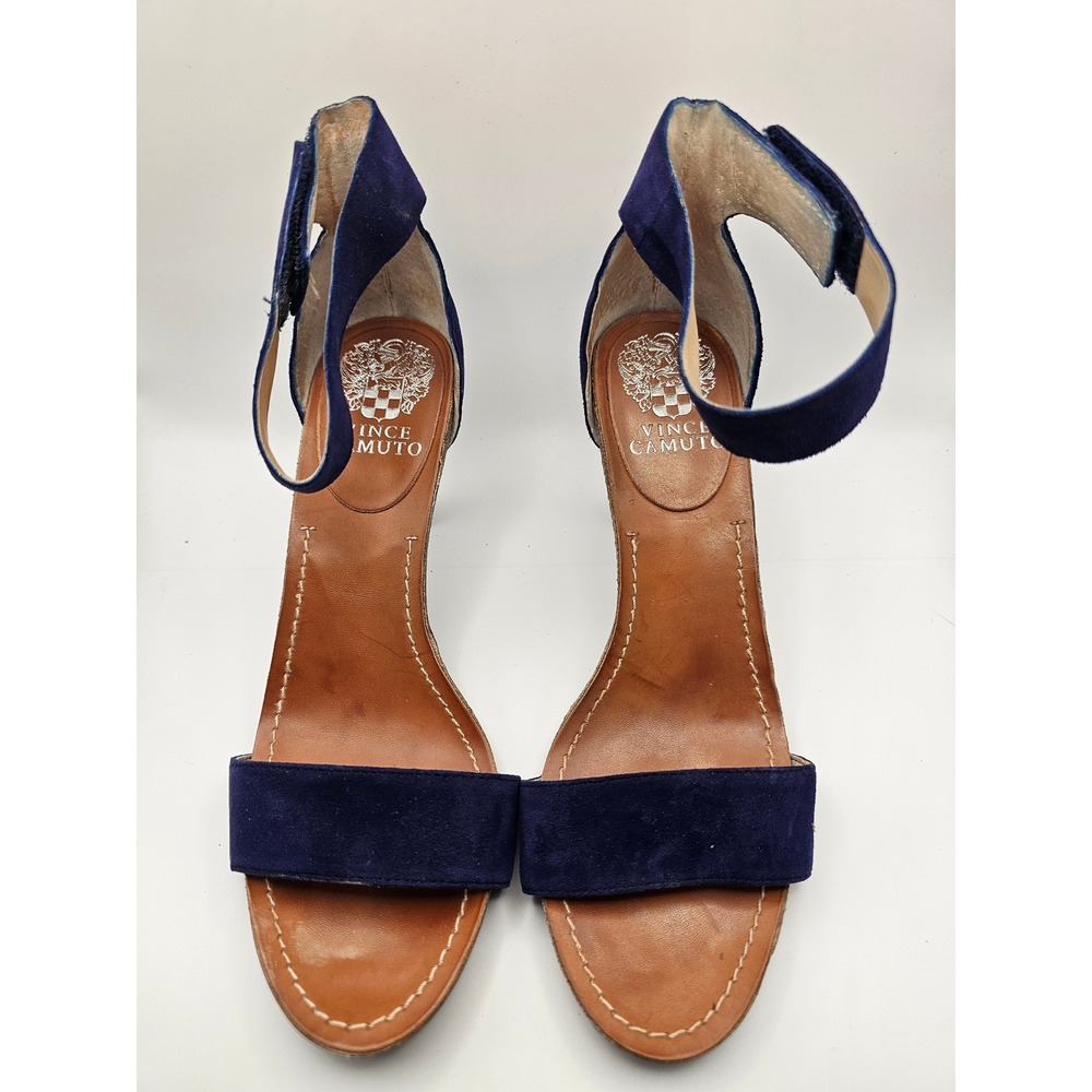 Vince Camuto Navy Blue Suede Ankle Strap Kitten Heels Sandals Size 7M 37.5